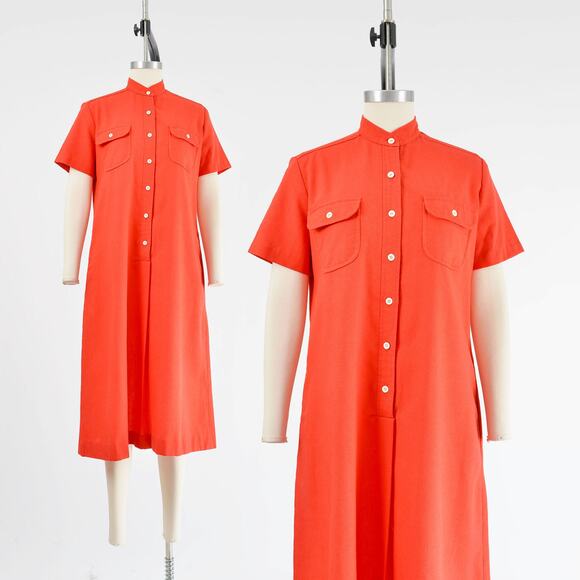 Vintage 70s Red Short Sleeve A-line Midi Tunic Shift Dress with Pockets M - Picture 1 of 8